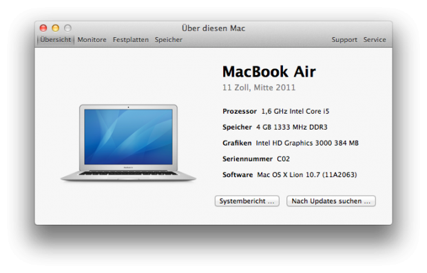 Unser Testmuster hat 4 GByte Speicher. Zu sehen ist auch eine andere Build-Nummer von Mac OS X 10.7.
